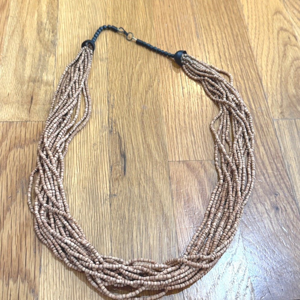 Vintage Multi Strand Seed Bead Necklace Brown Earthy Boho Wood Bead 28 Inch
